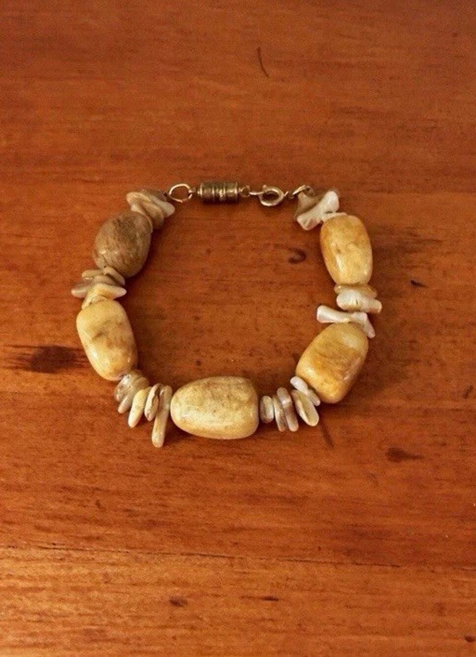 Chunky Beige Beaded Bracelet Shell Chip Accents Boho Coastal Statement